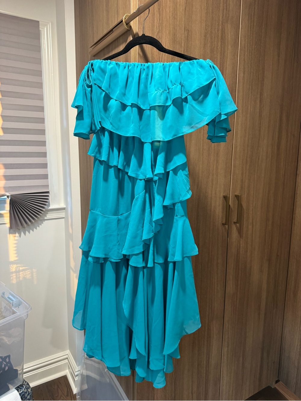 Misa Los Angeles Teal One-Shoulder Tiered Ruffle Dress